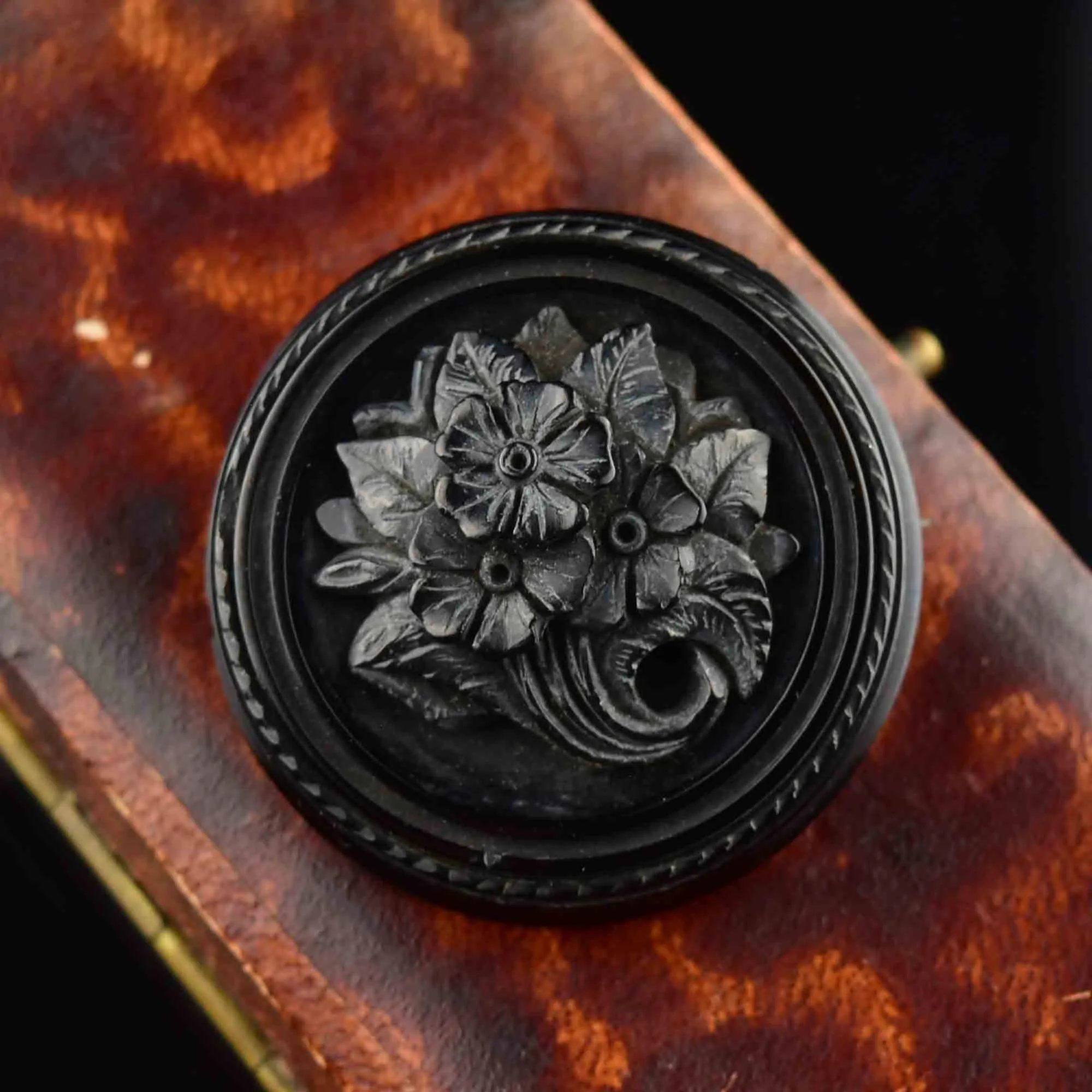 Antique Carved Whitby Jet Forget Me Not Locket Brooch