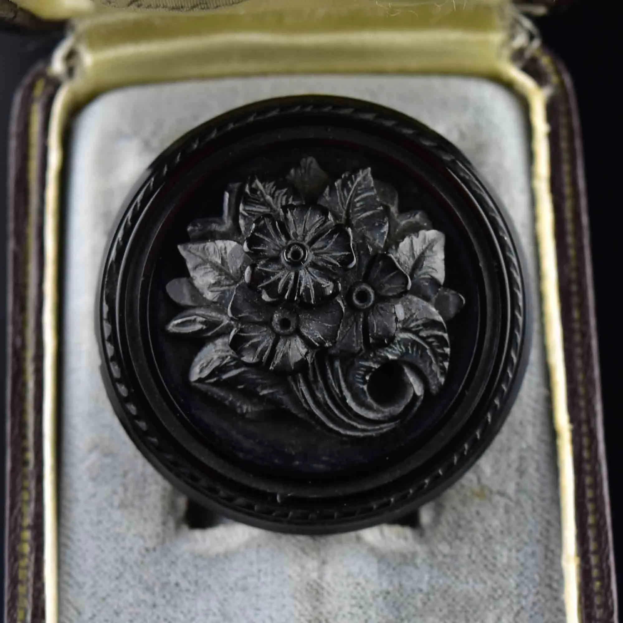 Antique Carved Whitby Jet Forget Me Not Locket Brooch