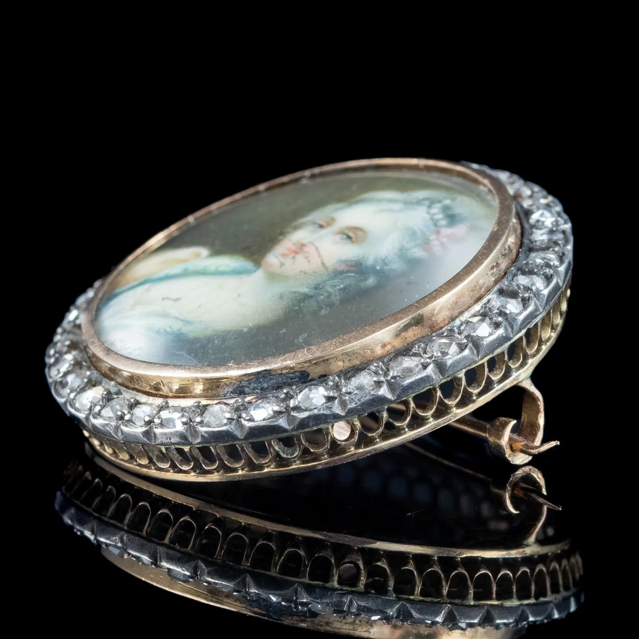 Antique Georgian Diamond Hand Painted Portrait Brooch