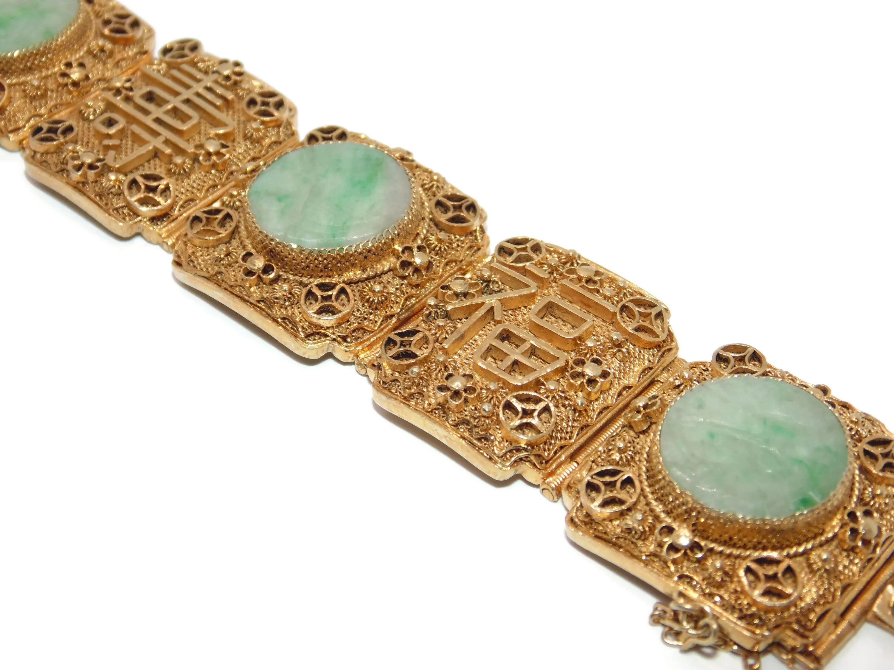 Antique Jade Carved Rounds Wide Panel Bracelet with Chinese Proverbs in Gold Plated
