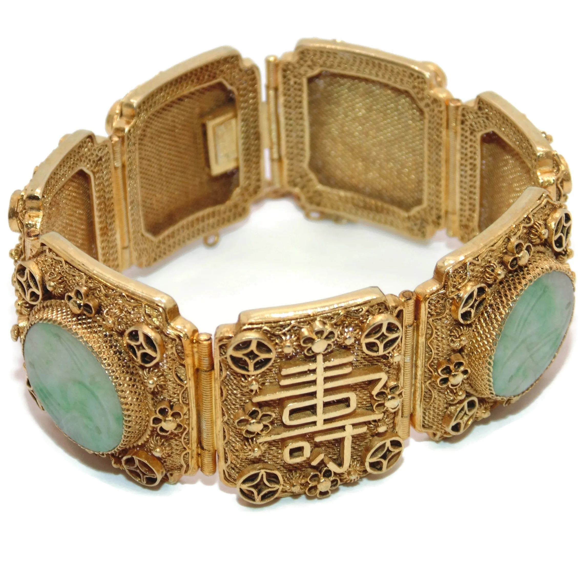 Antique Jade Carved Rounds Wide Panel Bracelet with Chinese Proverbs in Gold Plated