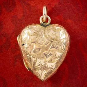 Antique Victorian Ivy Heart Locket 9ct Gold Dated 1886