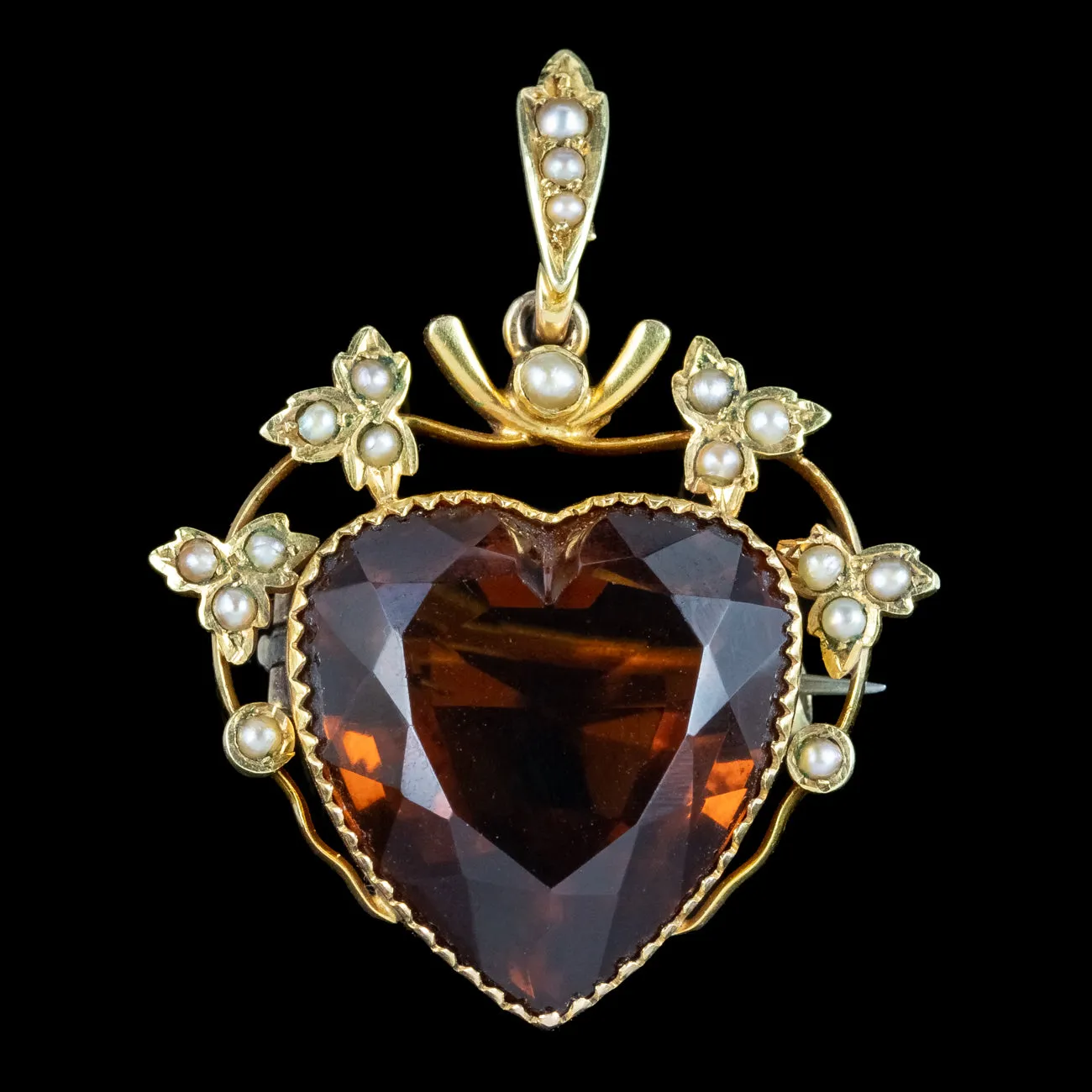 Antique Victorian Smoky Quartz Pearl Heart Pendant 15ct Gold 16ct Quartz