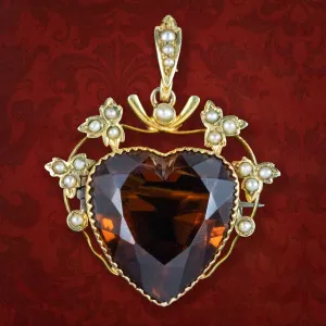 Antique Victorian Smoky Quartz Pearl Heart Pendant 15ct Gold 16ct Quartz