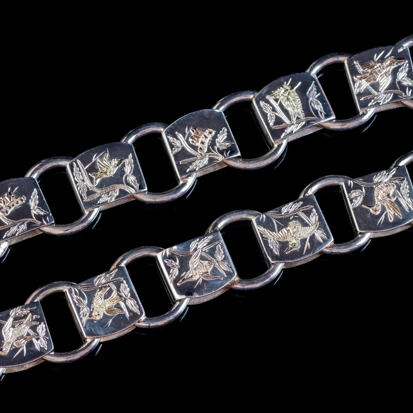 Antique Victorian Sterling Silver Collar Necklace Gold Birds Circa 1880