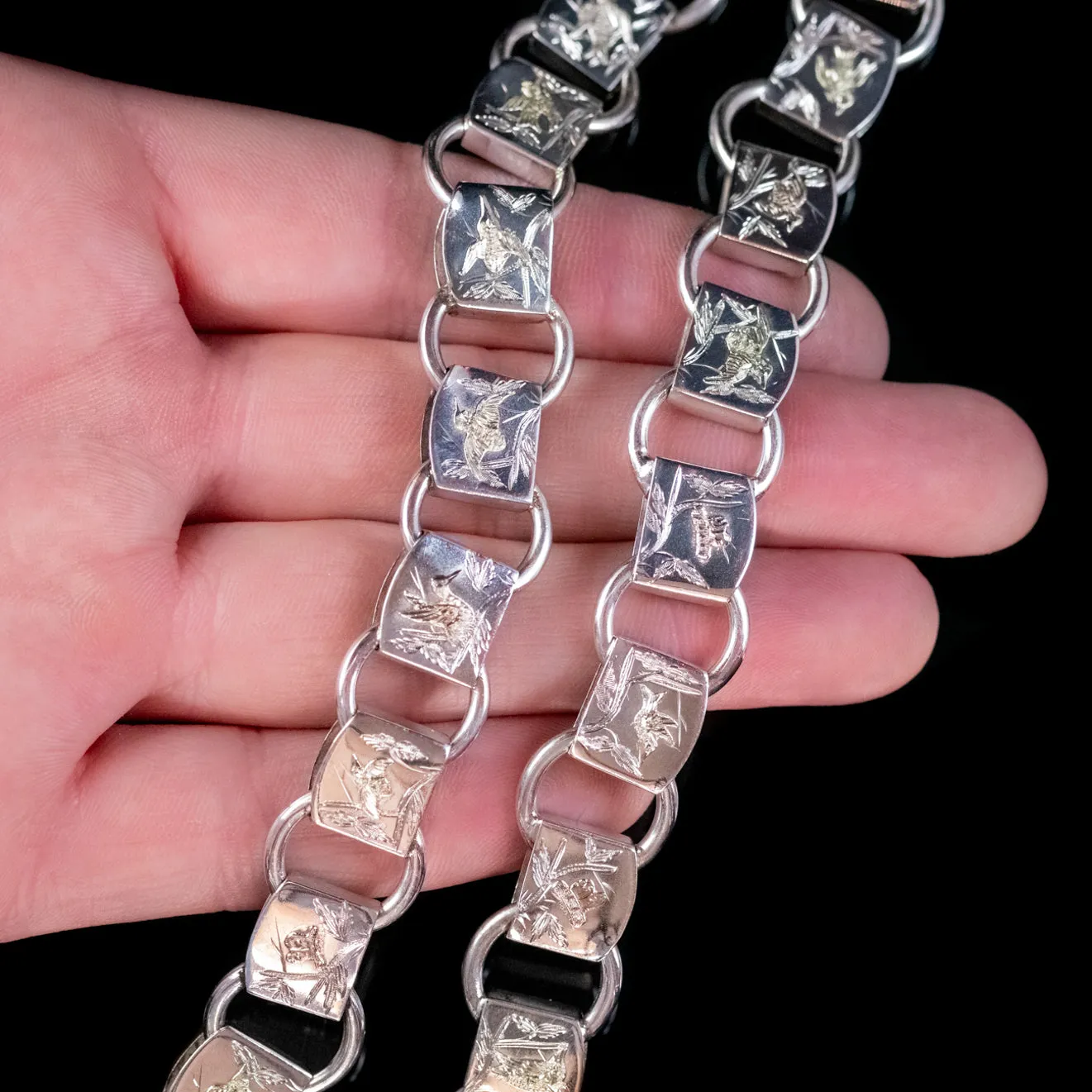 Antique Victorian Sterling Silver Collar Necklace Gold Birds Circa 1880