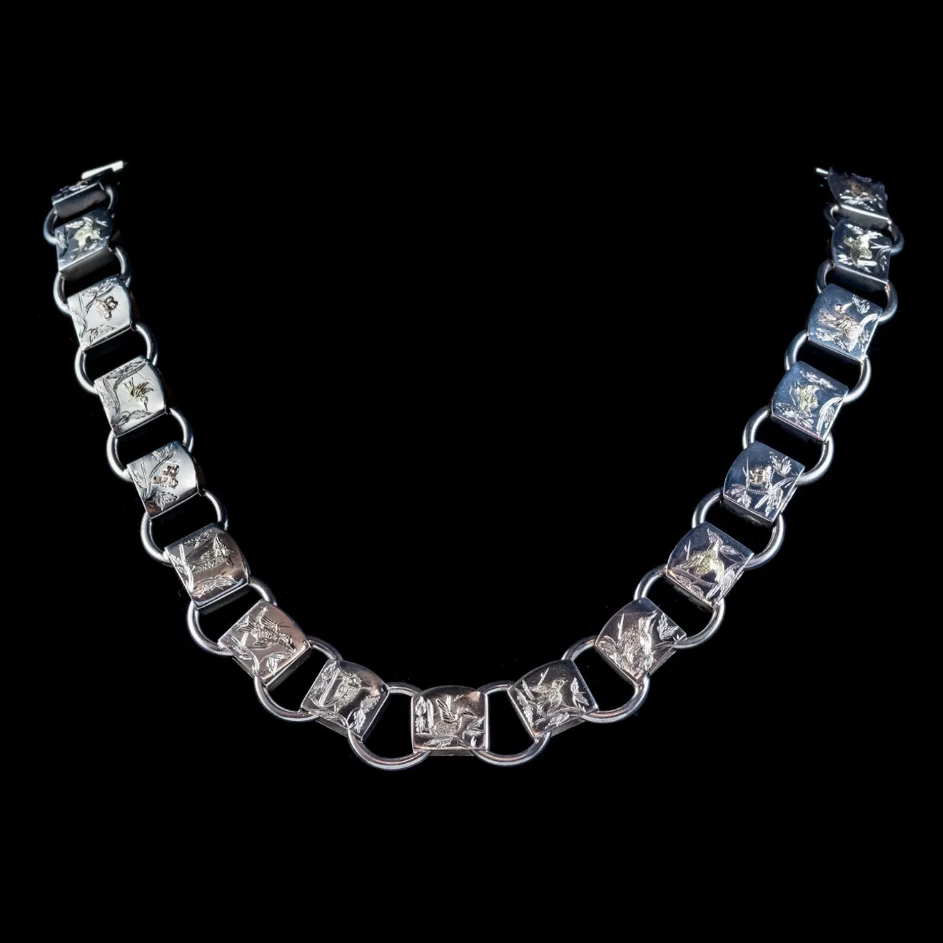 Antique Victorian Sterling Silver Collar Necklace Gold Birds Circa 1880