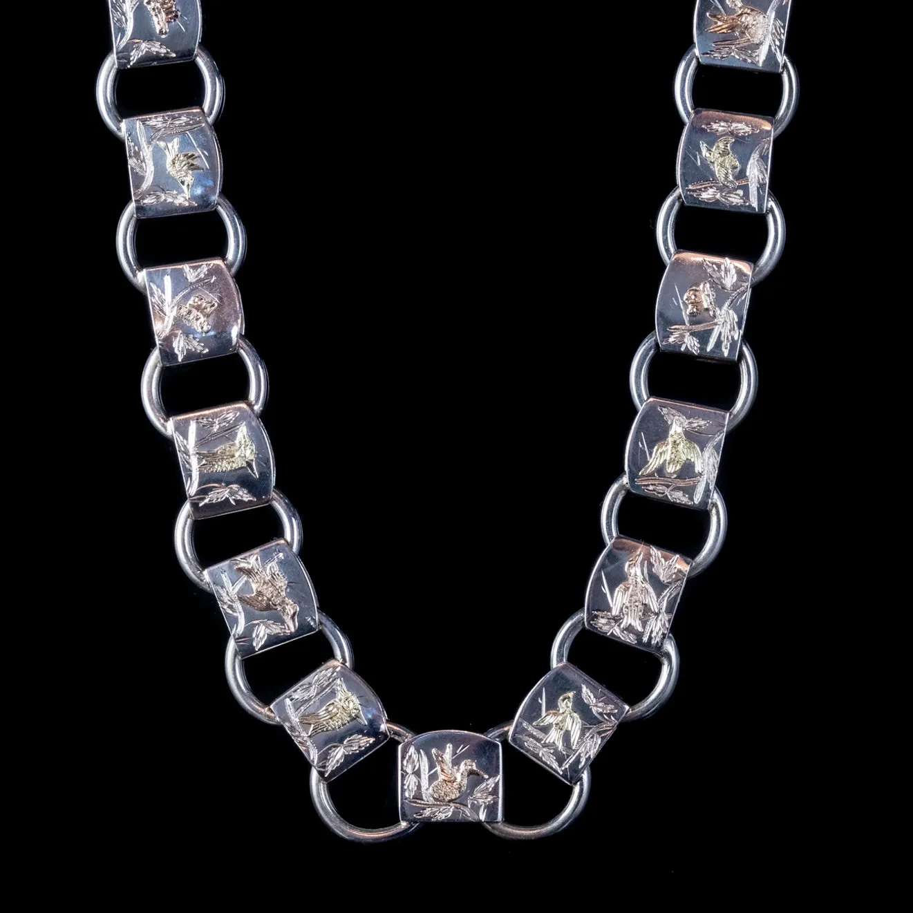 Antique Victorian Sterling Silver Collar Necklace Gold Birds Circa 1880