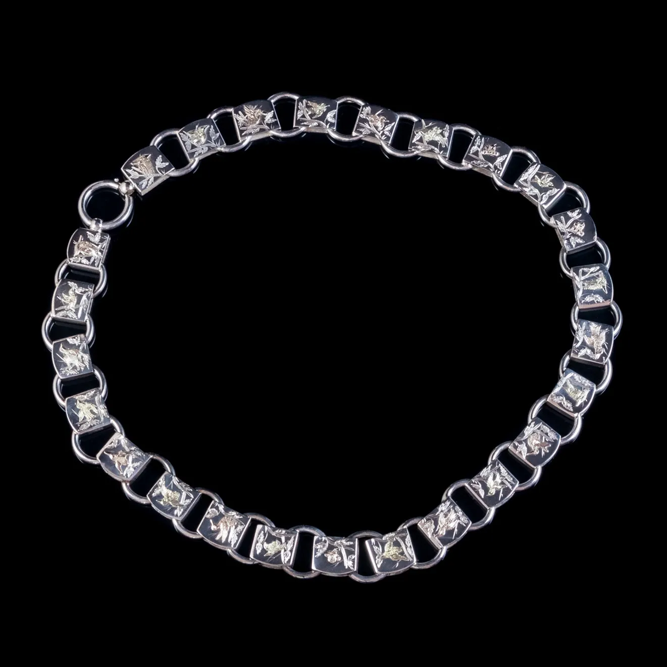 Antique Victorian Sterling Silver Collar Necklace Gold Birds Circa 1880