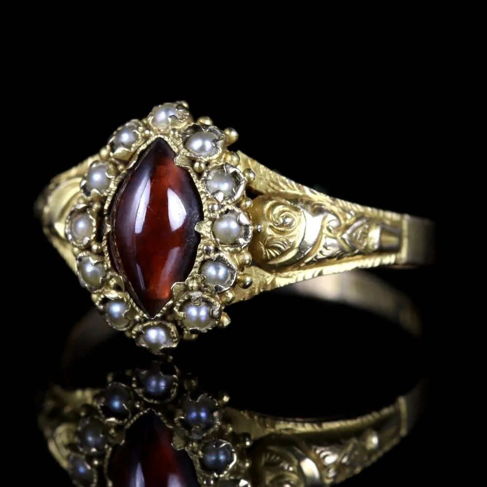 Antique Georgian Garnet Pearl Ring 18Ct Gold Circa 1820