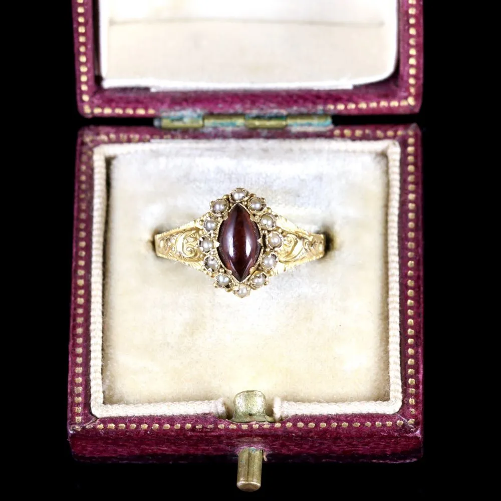 Antique Georgian Garnet Pearl Ring 18Ct Gold Circa 1820
