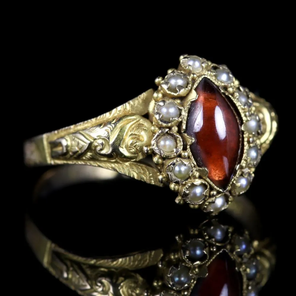 Antique Georgian Garnet Pearl Ring 18Ct Gold Circa 1820