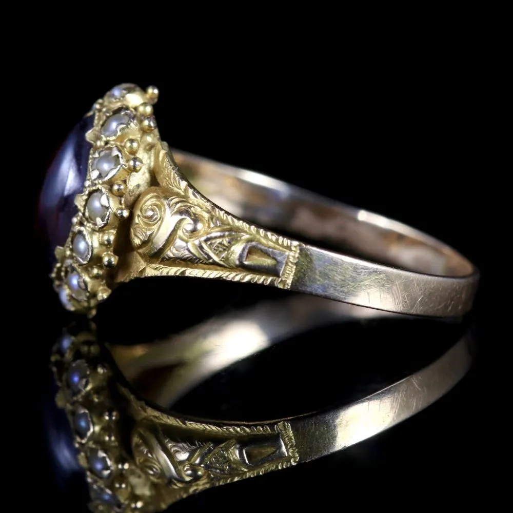 Antique Georgian Garnet Pearl Ring 18Ct Gold Circa 1820