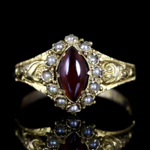 Antique Georgian Garnet Pearl Ring 18Ct Gold Circa 1820
