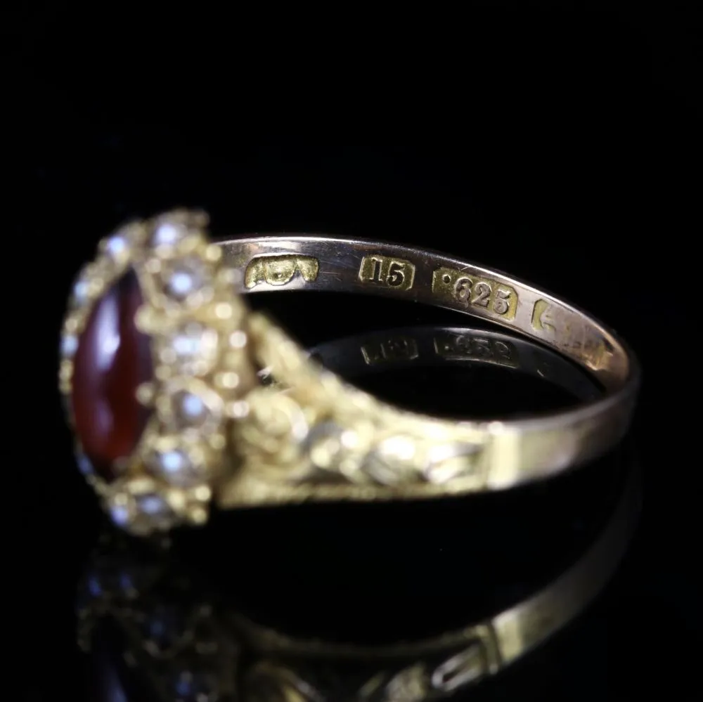 Antique Georgian Garnet Pearl Ring 18Ct Gold Circa 1820