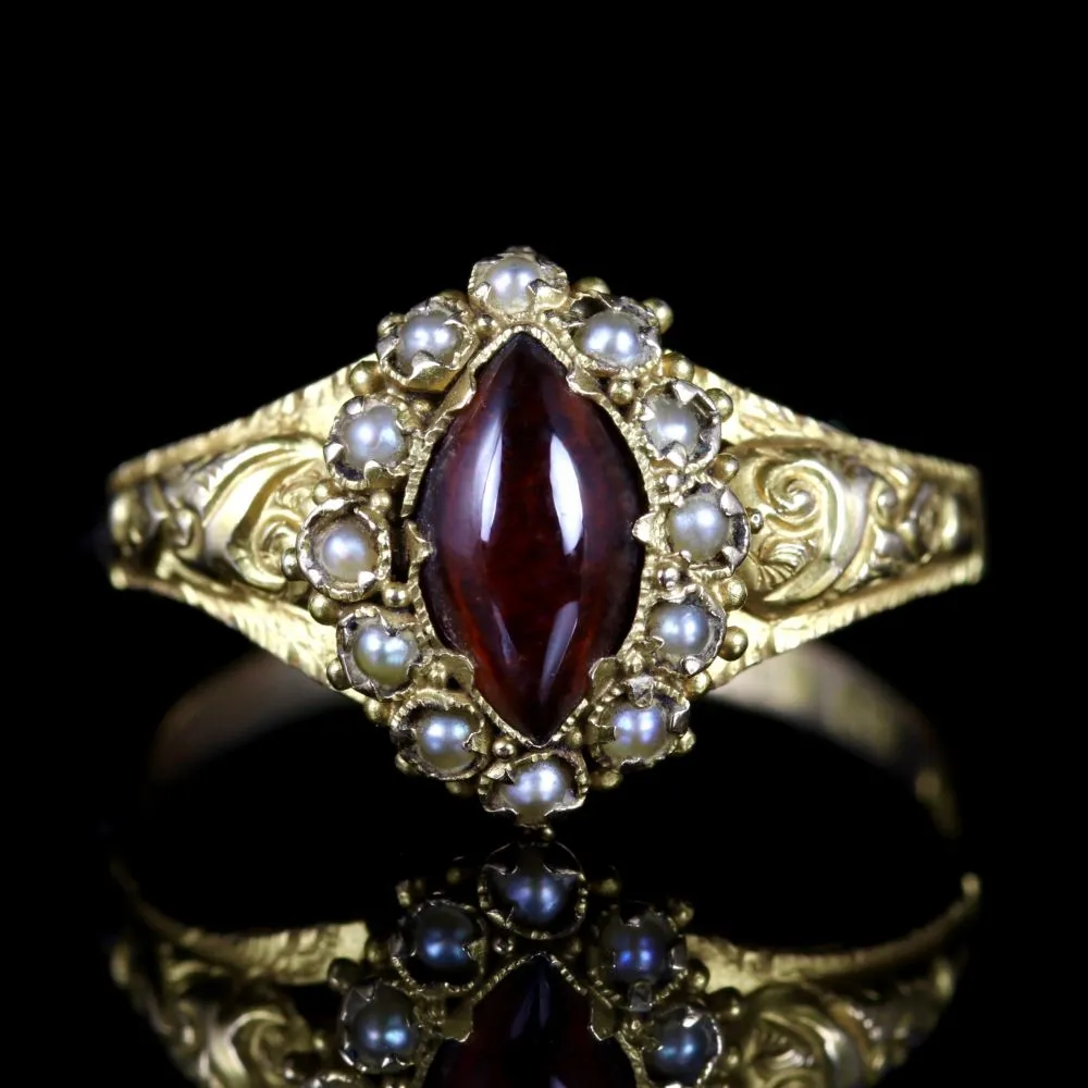 Antique Georgian Garnet Pearl Ring 18Ct Gold Circa 1820