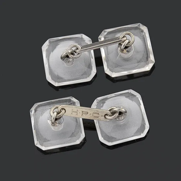 Art Deco 14kt Rock Quartz Crystal & Diamond Cufflinks