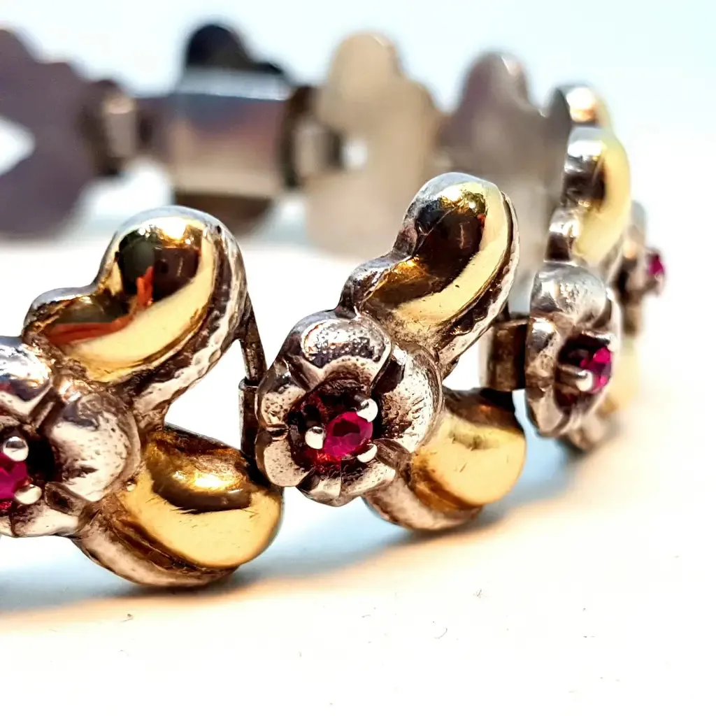 Art deco bracelet in silver, gold and ruby. Antiques. Silver gilt bracelet.