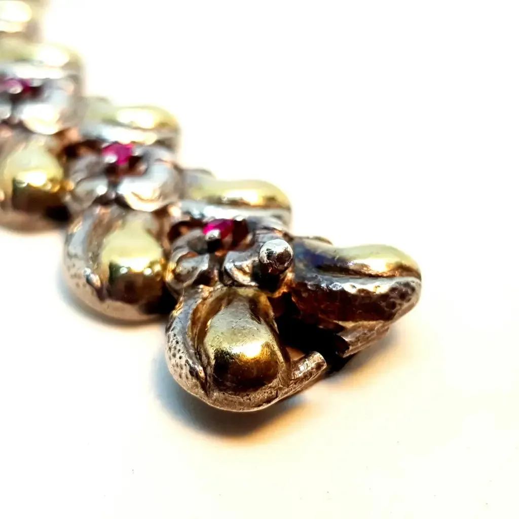 Art deco bracelet in silver, gold and ruby. Antiques. Silver gilt bracelet.