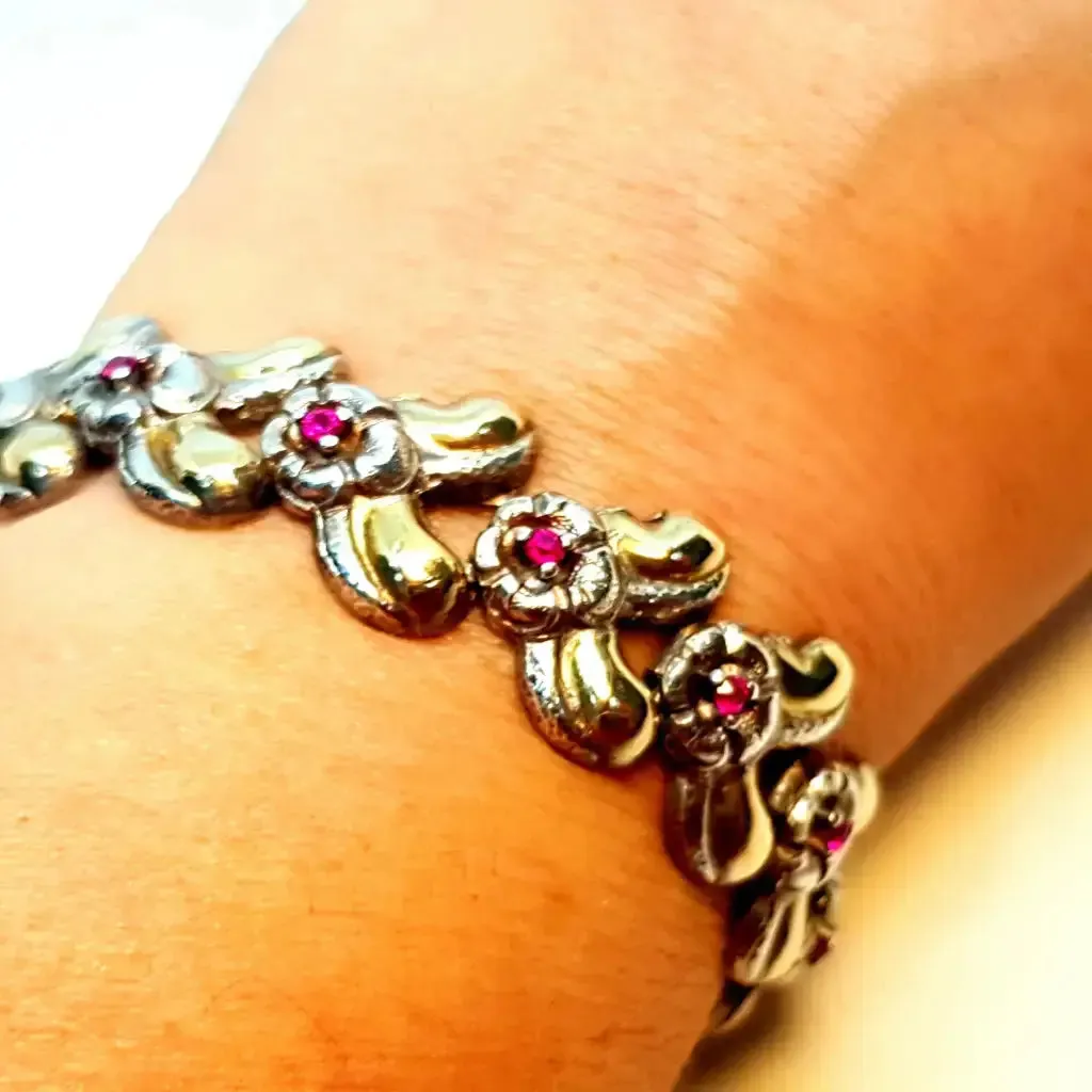 Art deco bracelet in silver, gold and ruby. Antiques. Silver gilt bracelet.