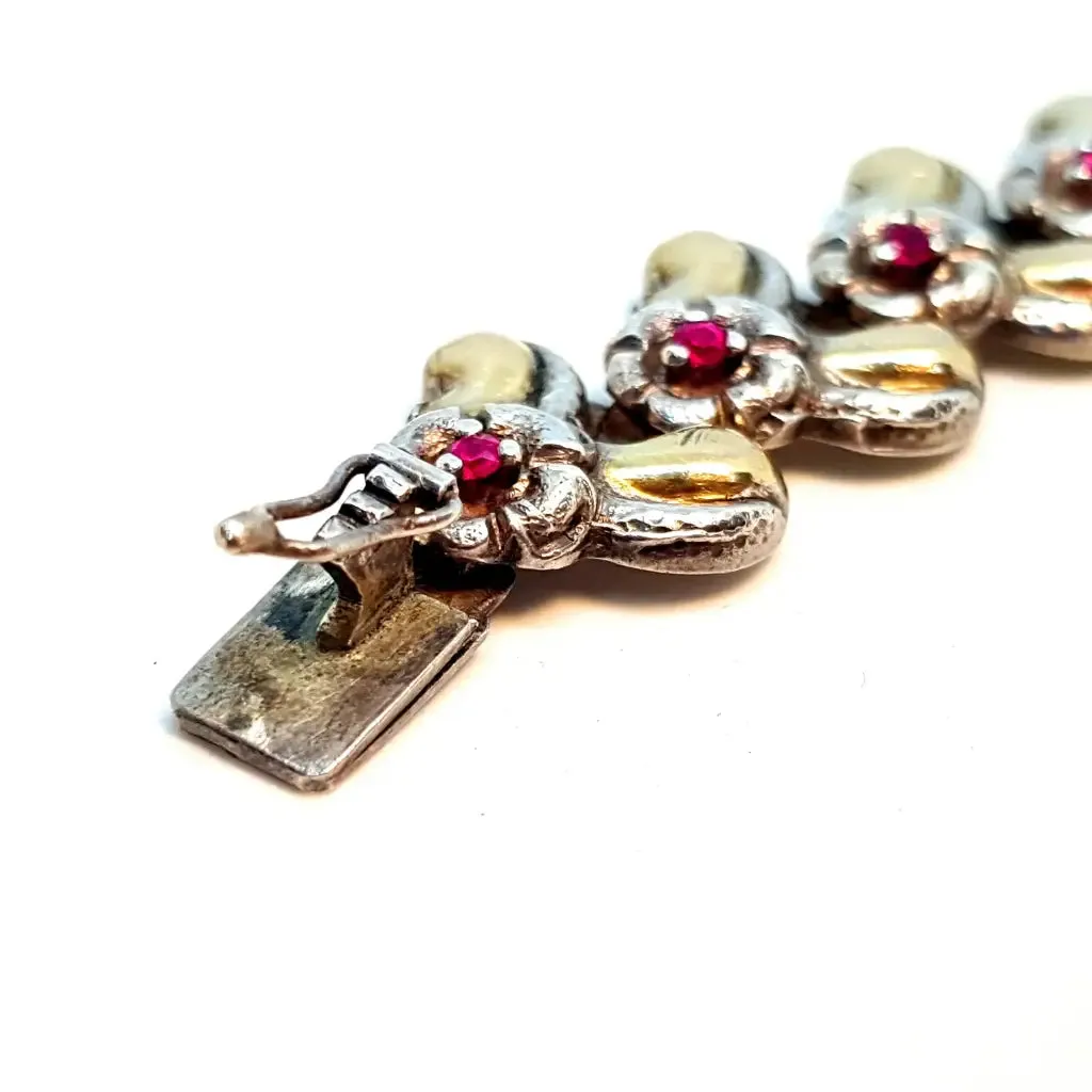 Art deco bracelet in silver, gold and ruby. Antiques. Silver gilt bracelet.