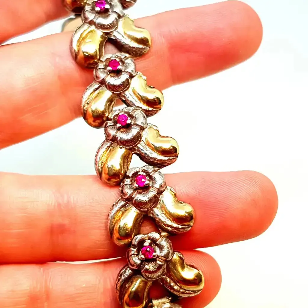 Art deco bracelet in silver, gold and ruby. Antiques. Silver gilt bracelet.