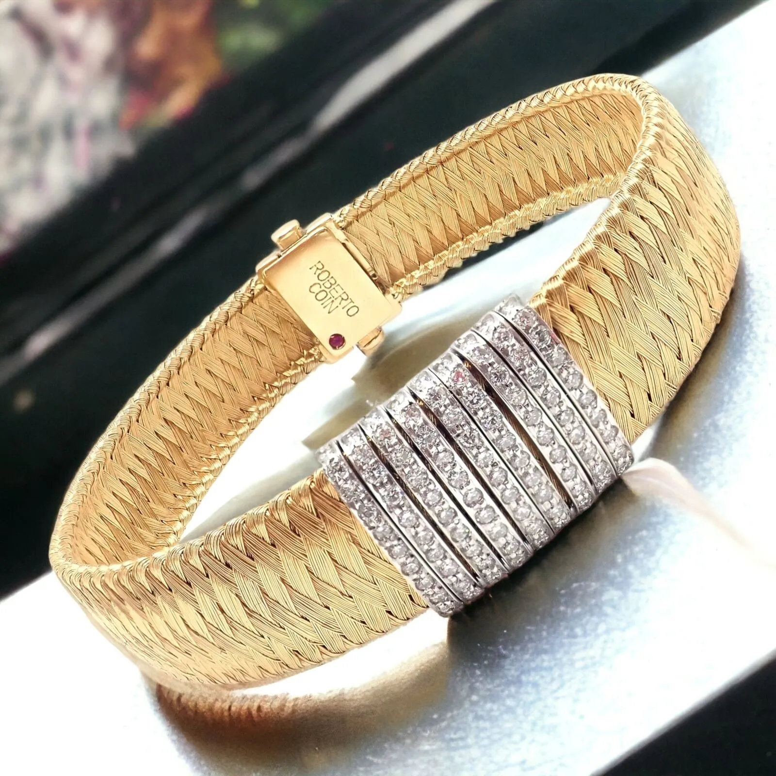 Authentic! Roberto Coin 18k Yellow Gold 9 Row Diamond Silk Weave Bracelet