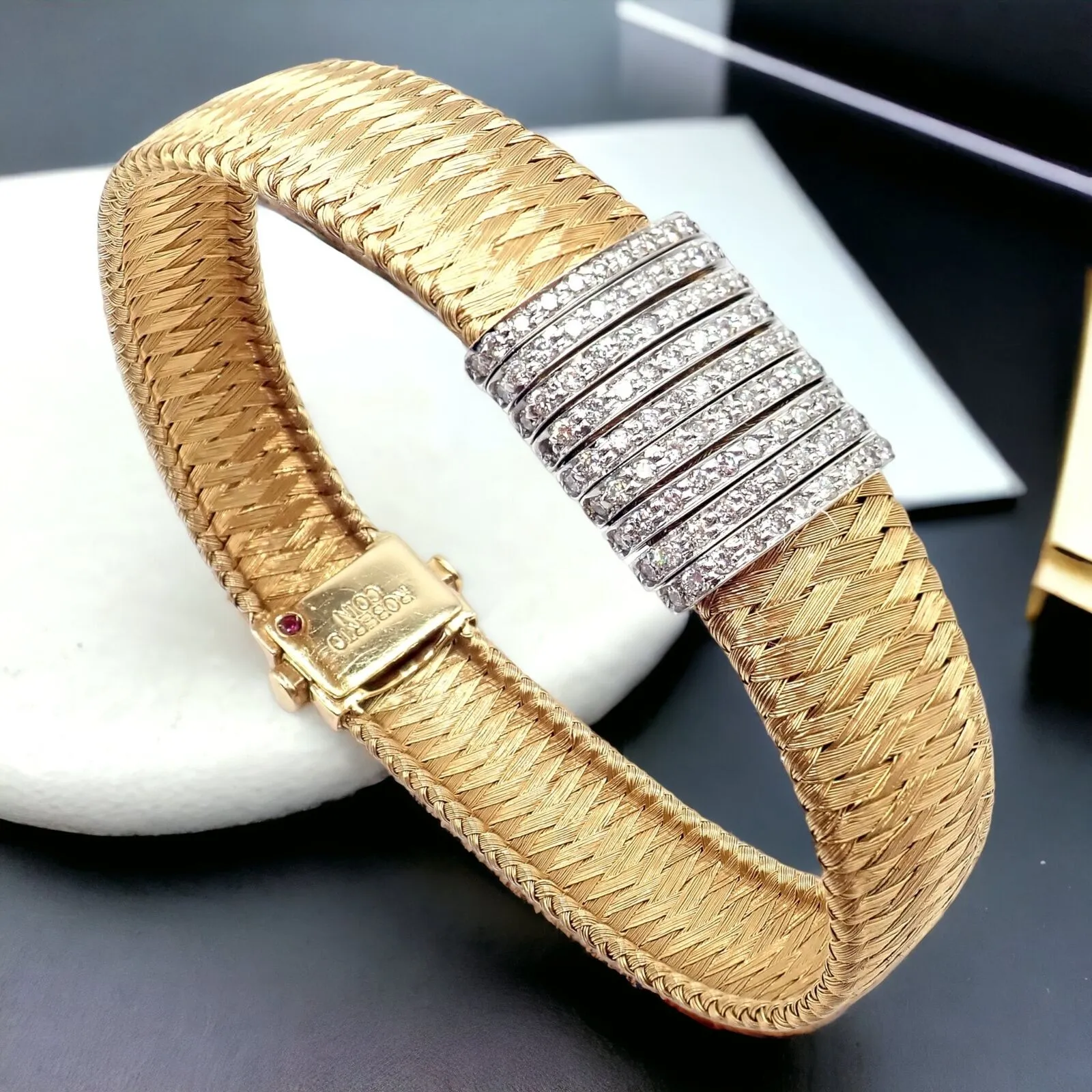Authentic! Roberto Coin 18k Yellow Gold 9 Row Diamond Silk Weave Bracelet