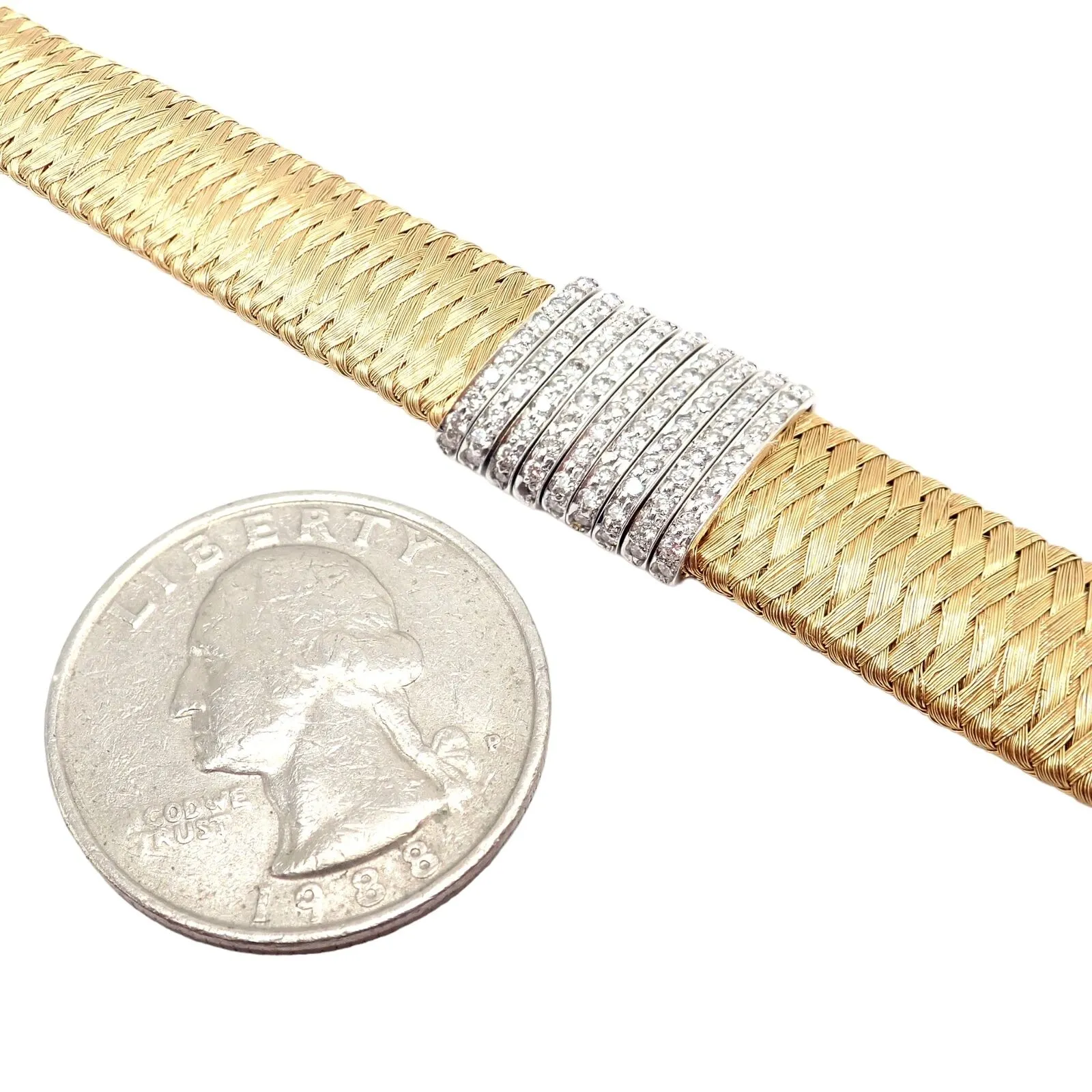 Authentic! Roberto Coin 18k Yellow Gold 9 Row Diamond Silk Weave Bracelet