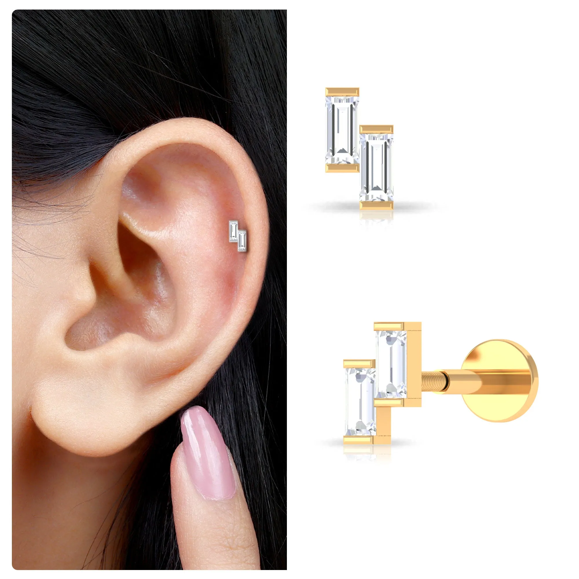 Baguette Diamond Two Stone Helix Earring
