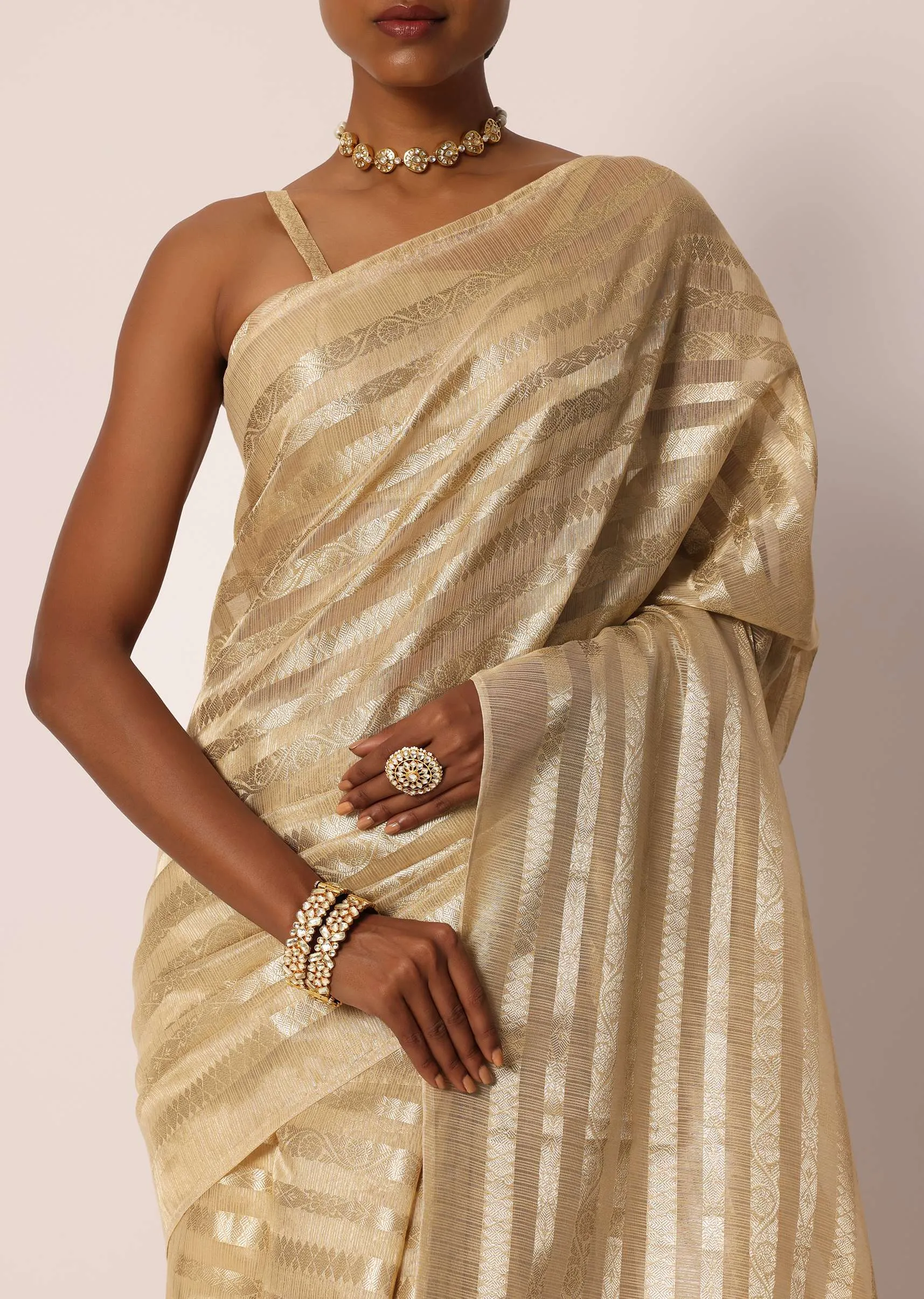 Beige Kora Silk Tissue Saree With Gota Patti Embroidery And Unstitched Blouse Piece