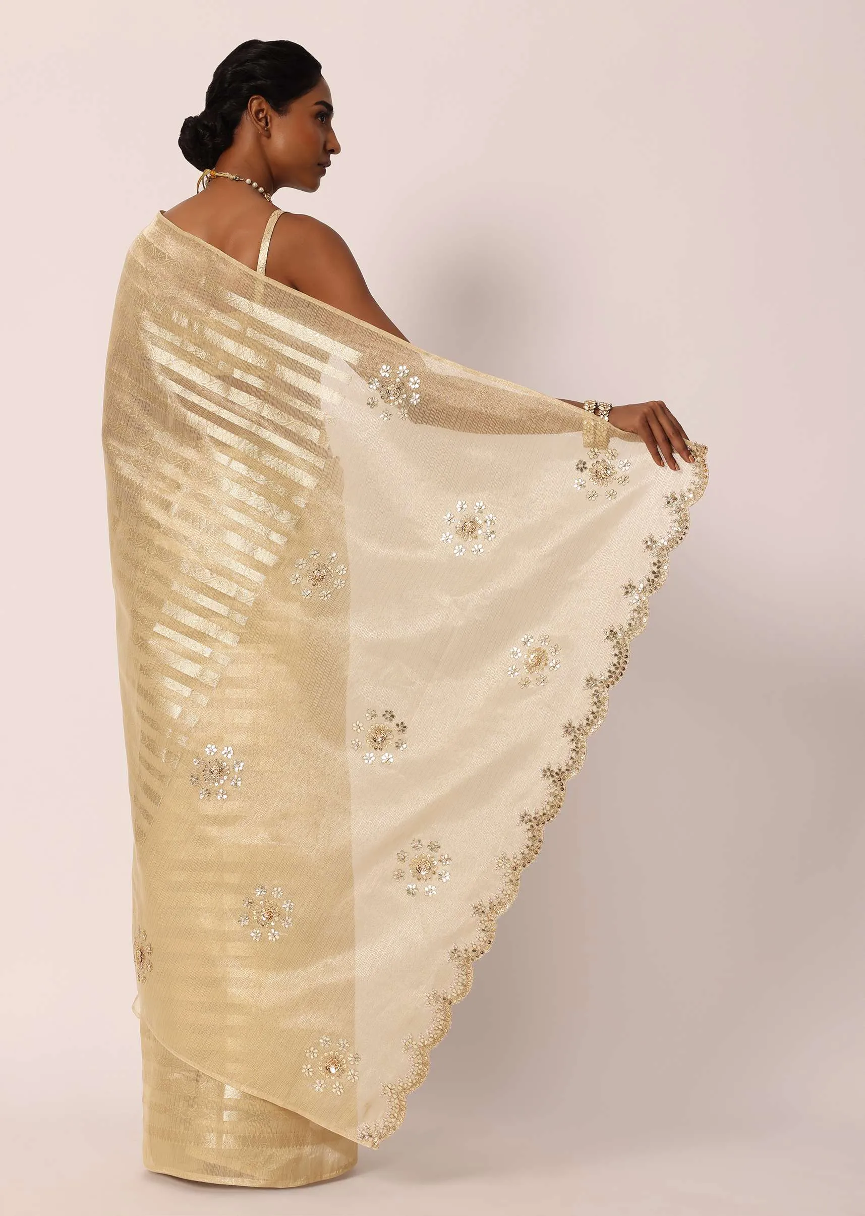 Beige Kora Silk Tissue Saree With Gota Patti Embroidery And Unstitched Blouse Piece