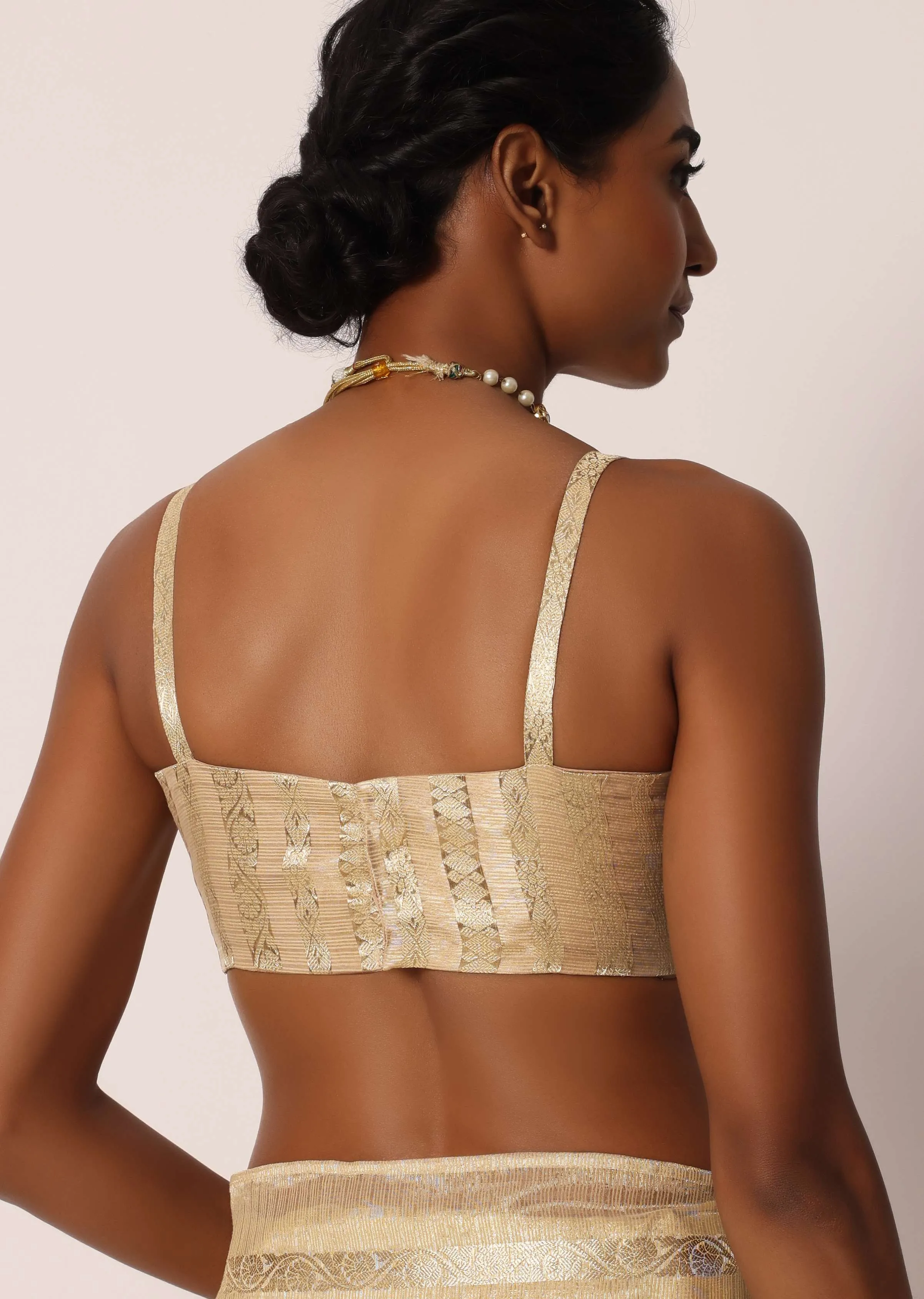 Beige Kora Silk Tissue Saree With Gota Patti Embroidery And Unstitched Blouse Piece
