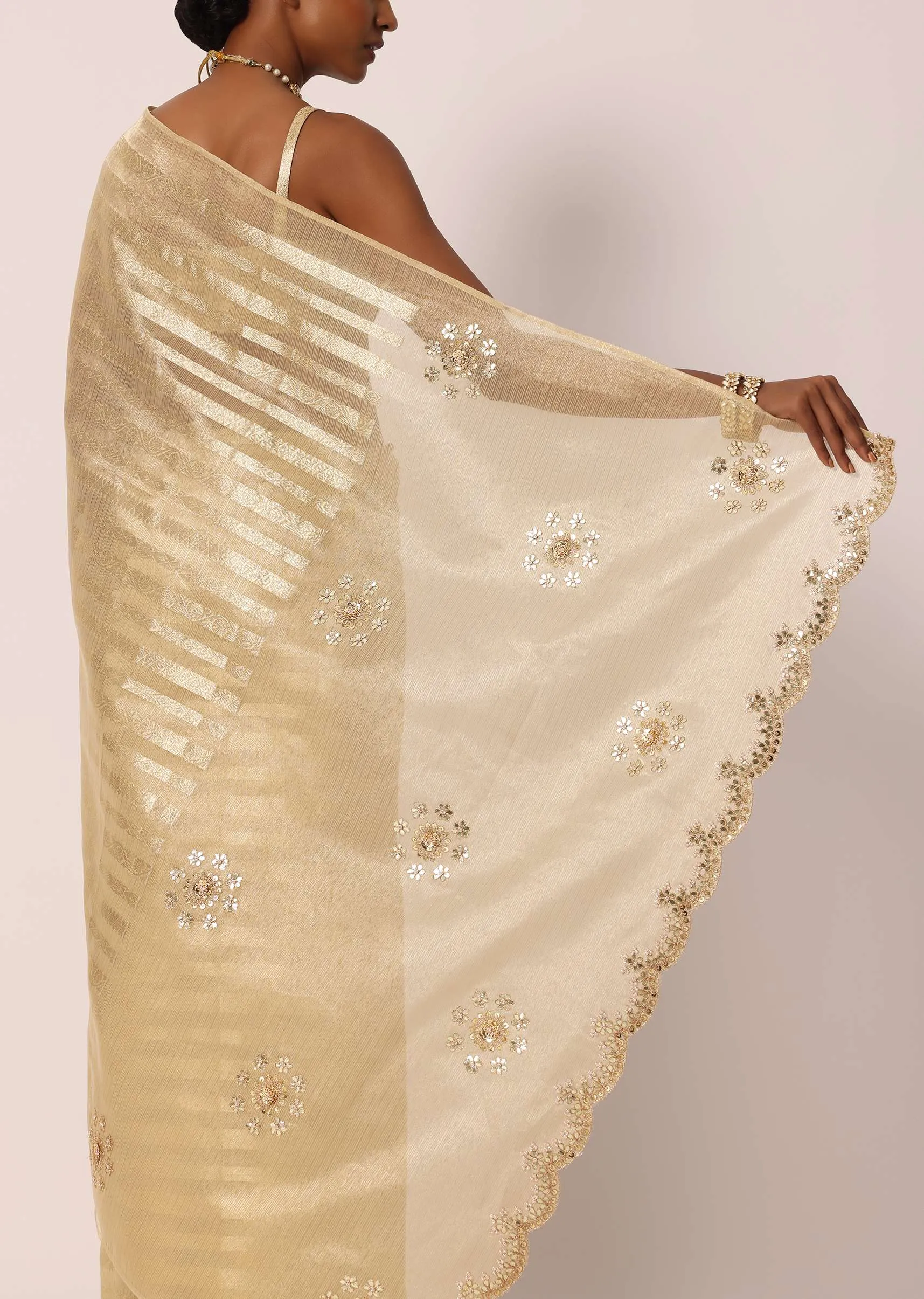 Beige Kora Silk Tissue Saree With Gota Patti Embroidery And Unstitched Blouse Piece