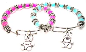 Best Friends Teddy Bears Gift Set Of Two Glass Beaded 9mm Bracelets in Aqua Blue And Hot Pink