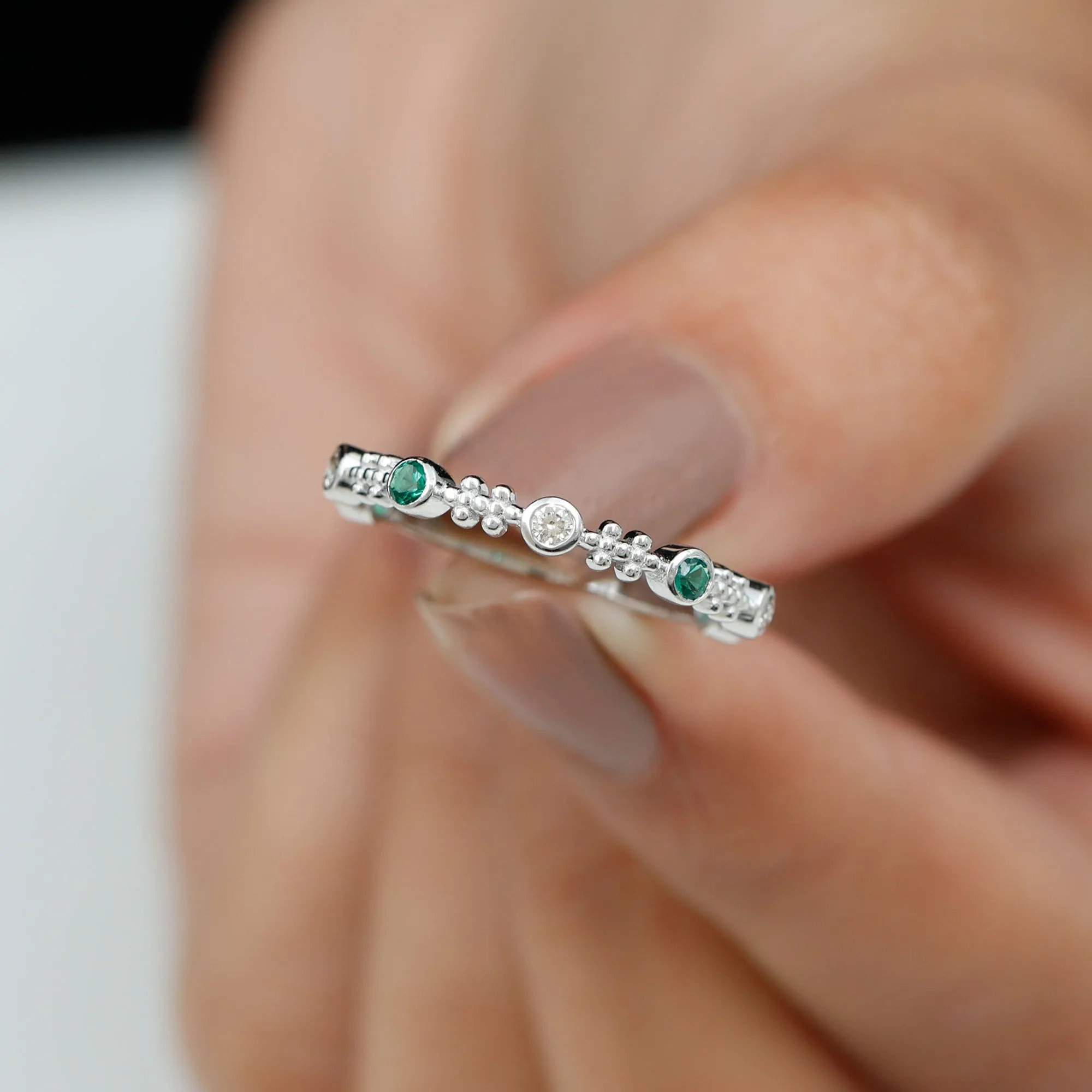 Bezel Set Lab Grown Emerald and Diamond Beaded Stackable Band Ring