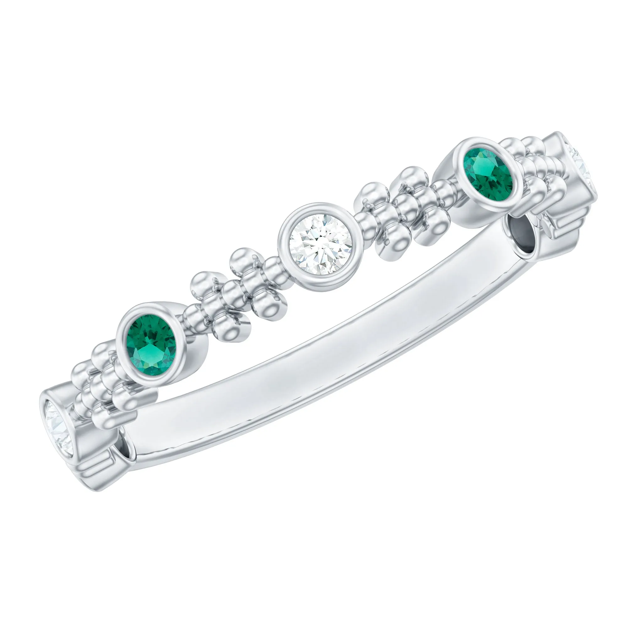 Bezel Set Lab Grown Emerald and Diamond Beaded Stackable Band Ring