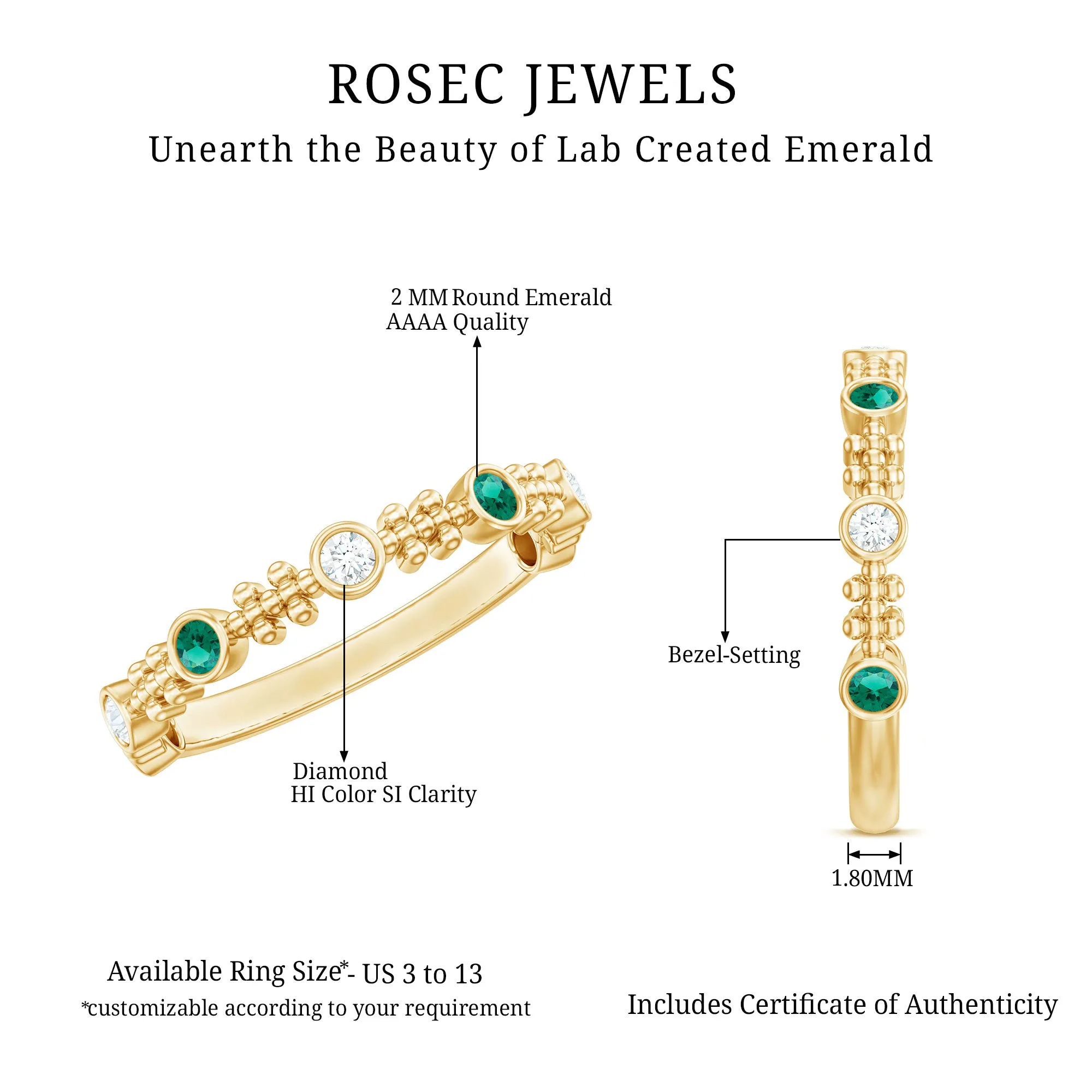 Bezel Set Lab Grown Emerald and Diamond Beaded Stackable Band Ring