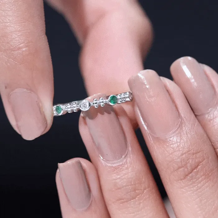 Bezel Set Lab Grown Emerald and Diamond Beaded Stackable Band Ring
