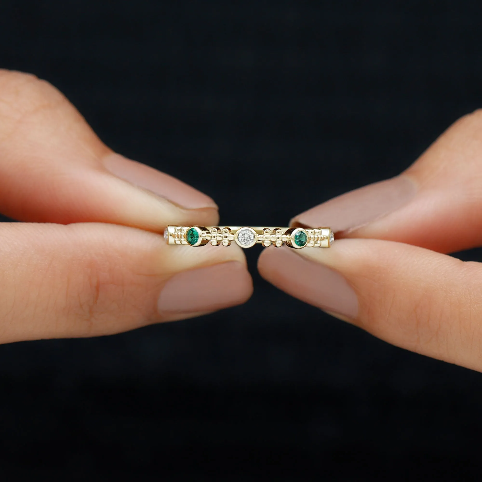 Bezel Set Lab Grown Emerald and Diamond Beaded Stackable Band Ring
