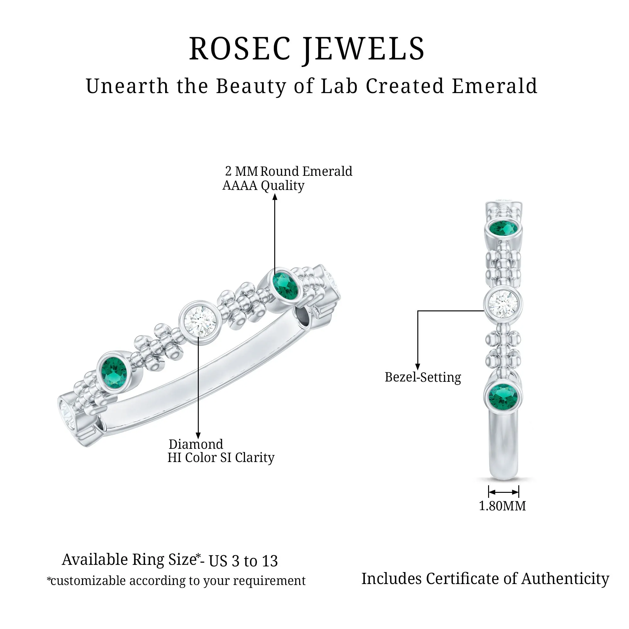 Bezel Set Lab Grown Emerald and Diamond Beaded Stackable Band Ring