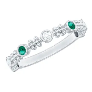 Bezel Set Lab Grown Emerald and Diamond Beaded Stackable Band Ring