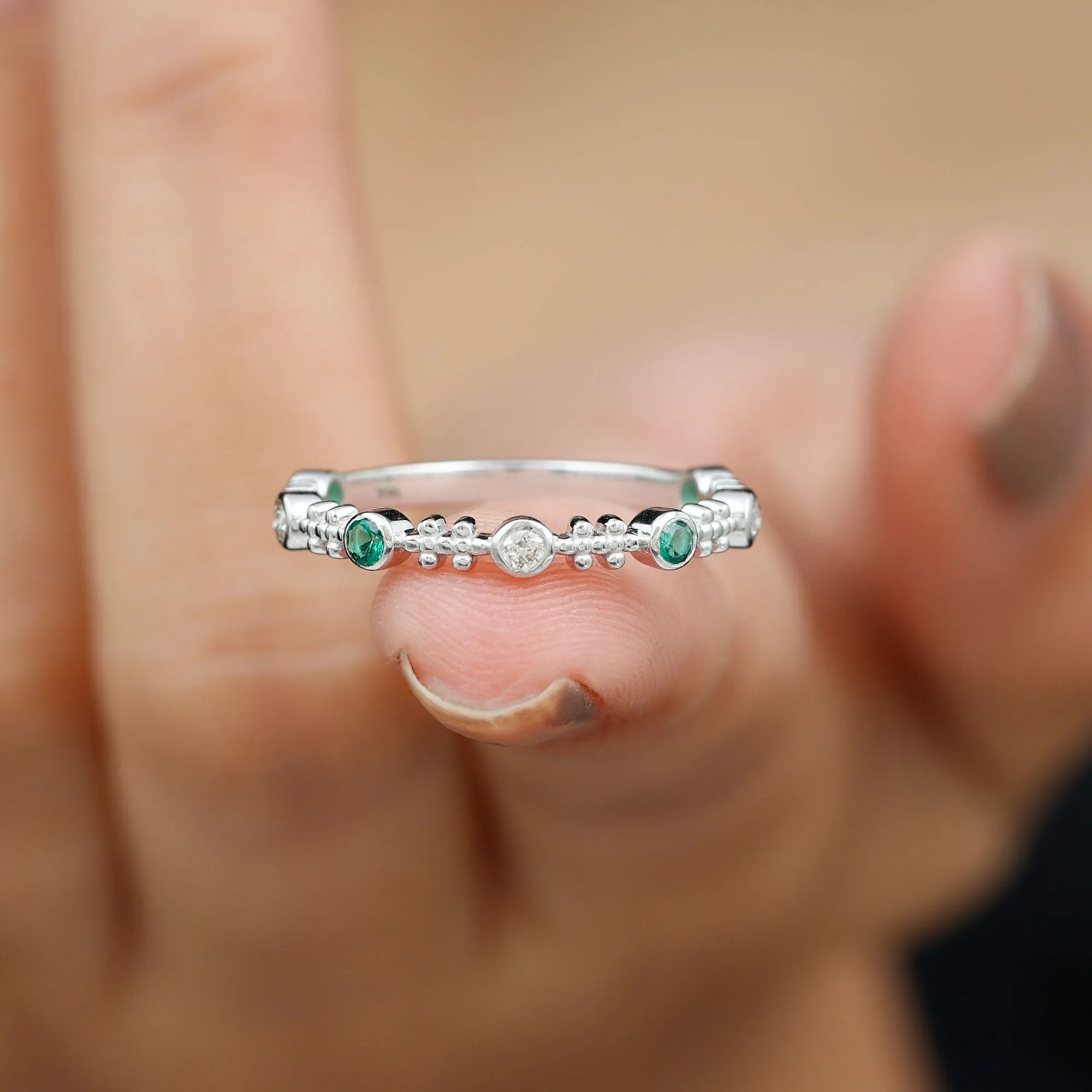 Bezel Set Lab Grown Emerald and Diamond Beaded Stackable Band Ring