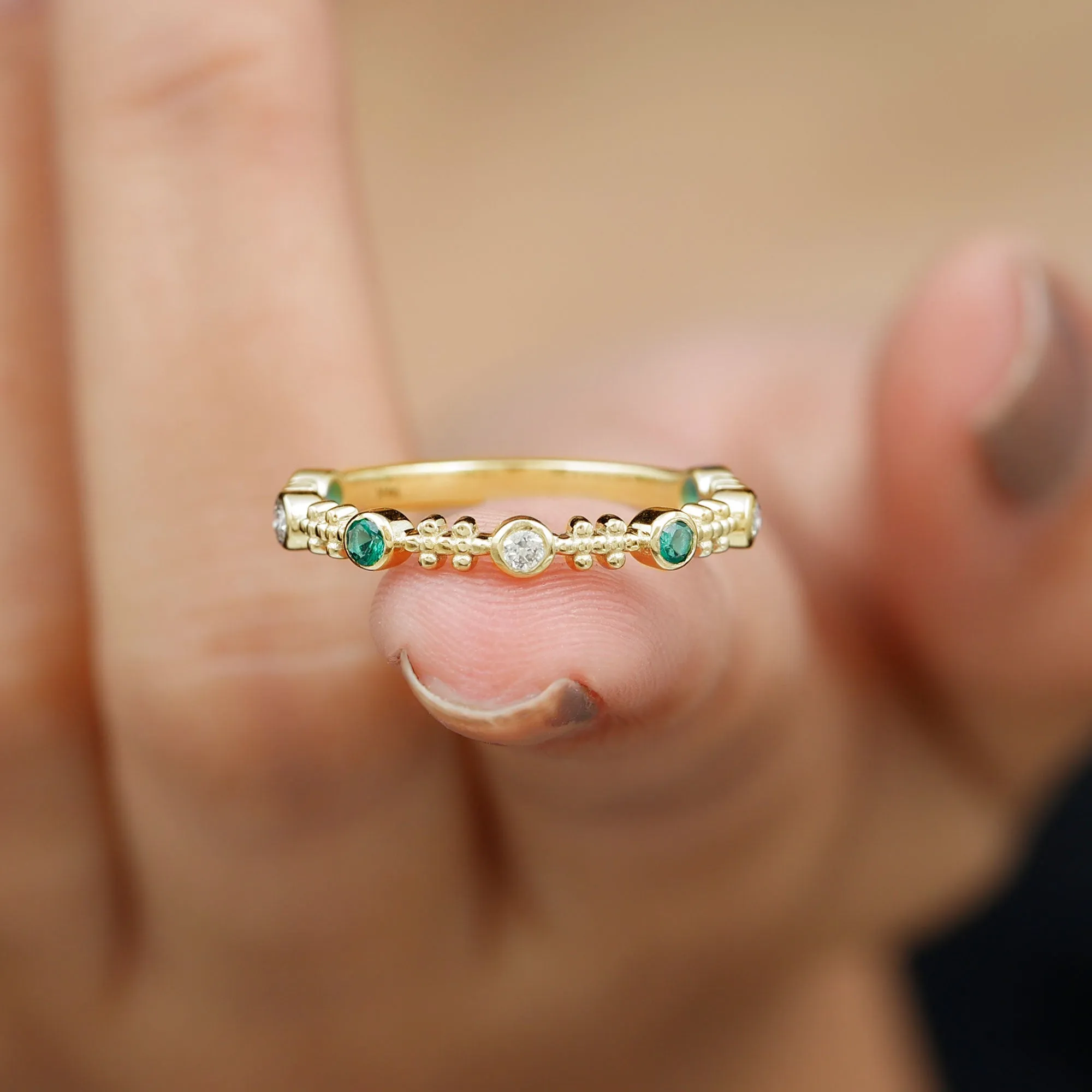Bezel Set Lab Grown Emerald and Diamond Beaded Stackable Band Ring