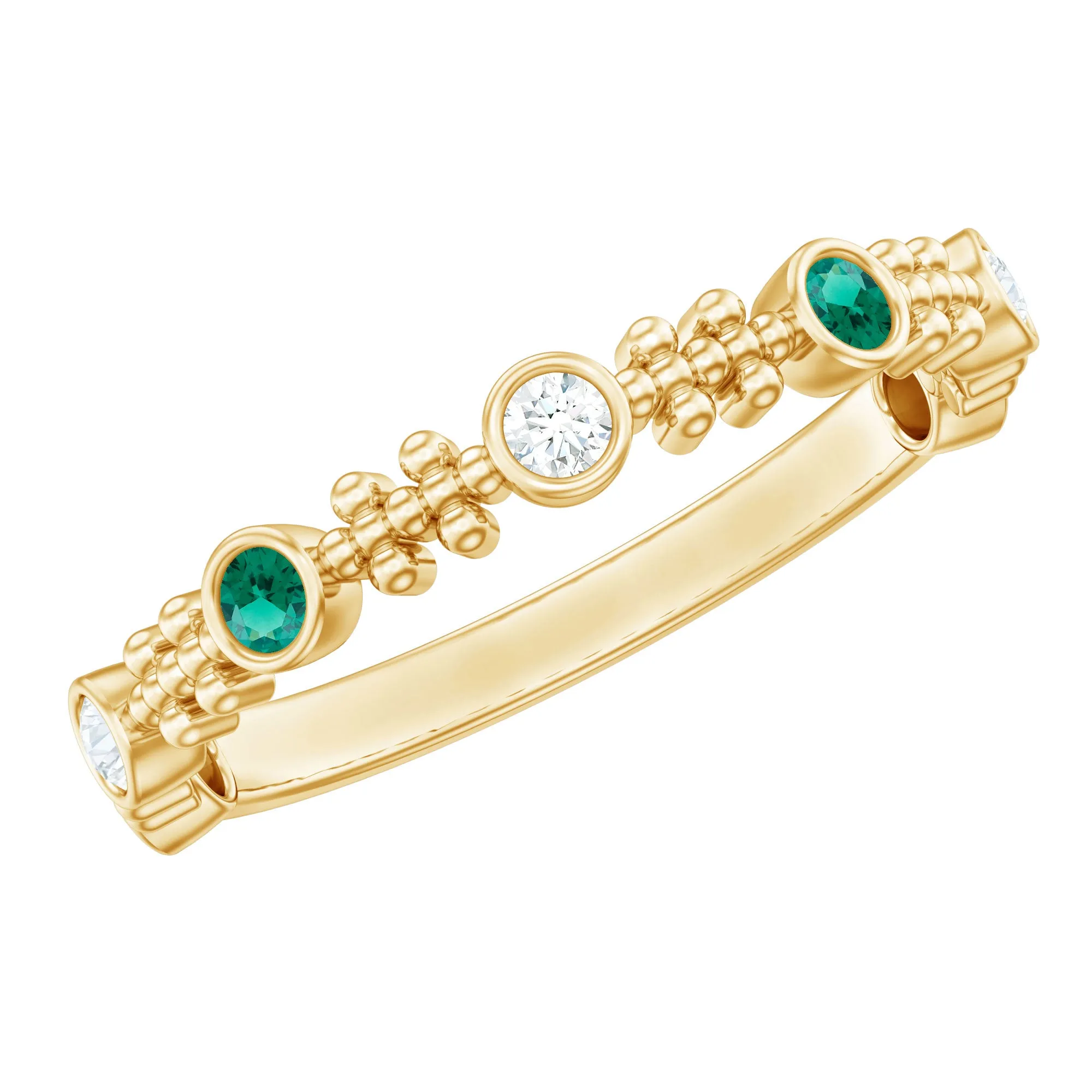 Bezel Set Lab Grown Emerald and Diamond Beaded Stackable Band Ring