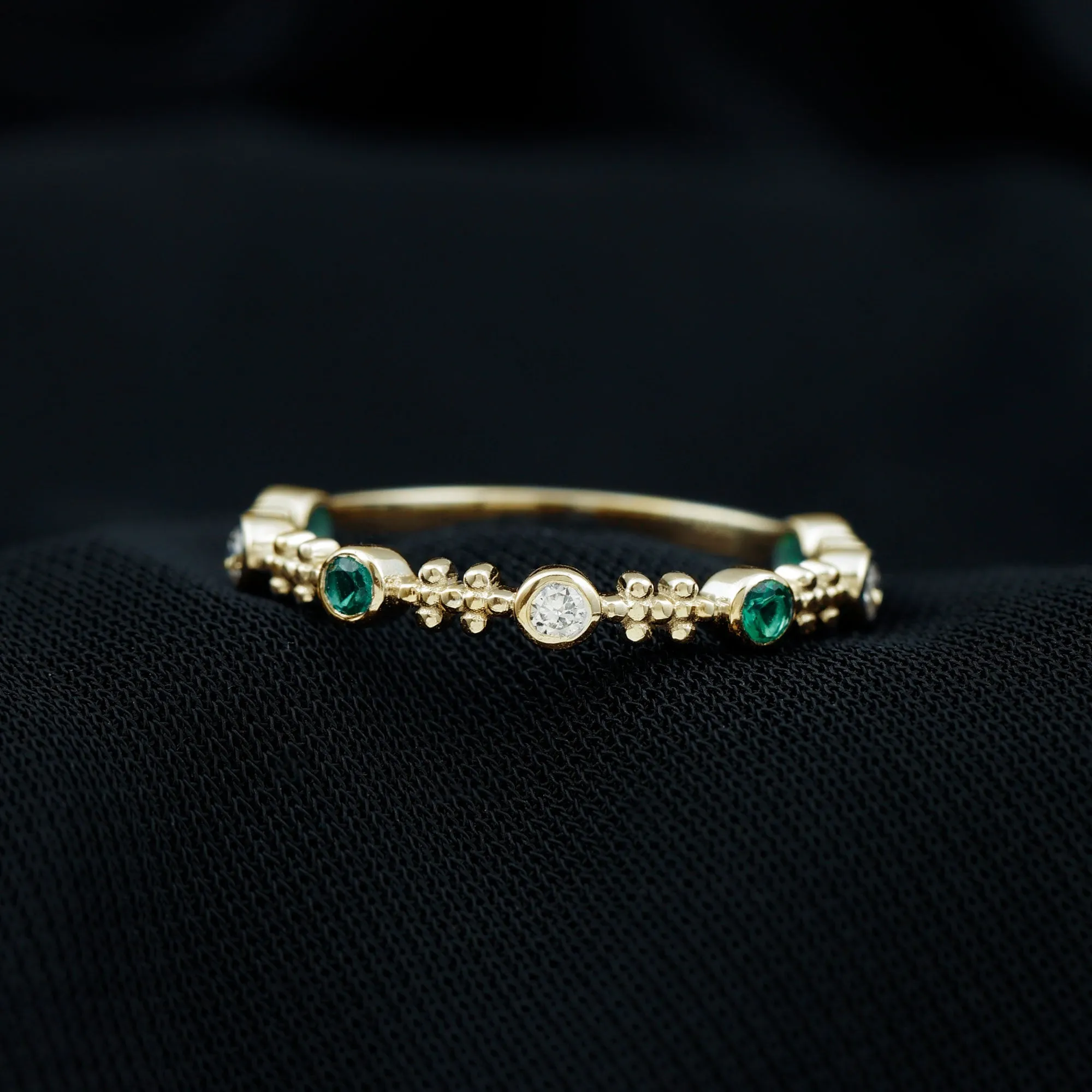 Bezel Set Lab Grown Emerald and Diamond Beaded Stackable Band Ring