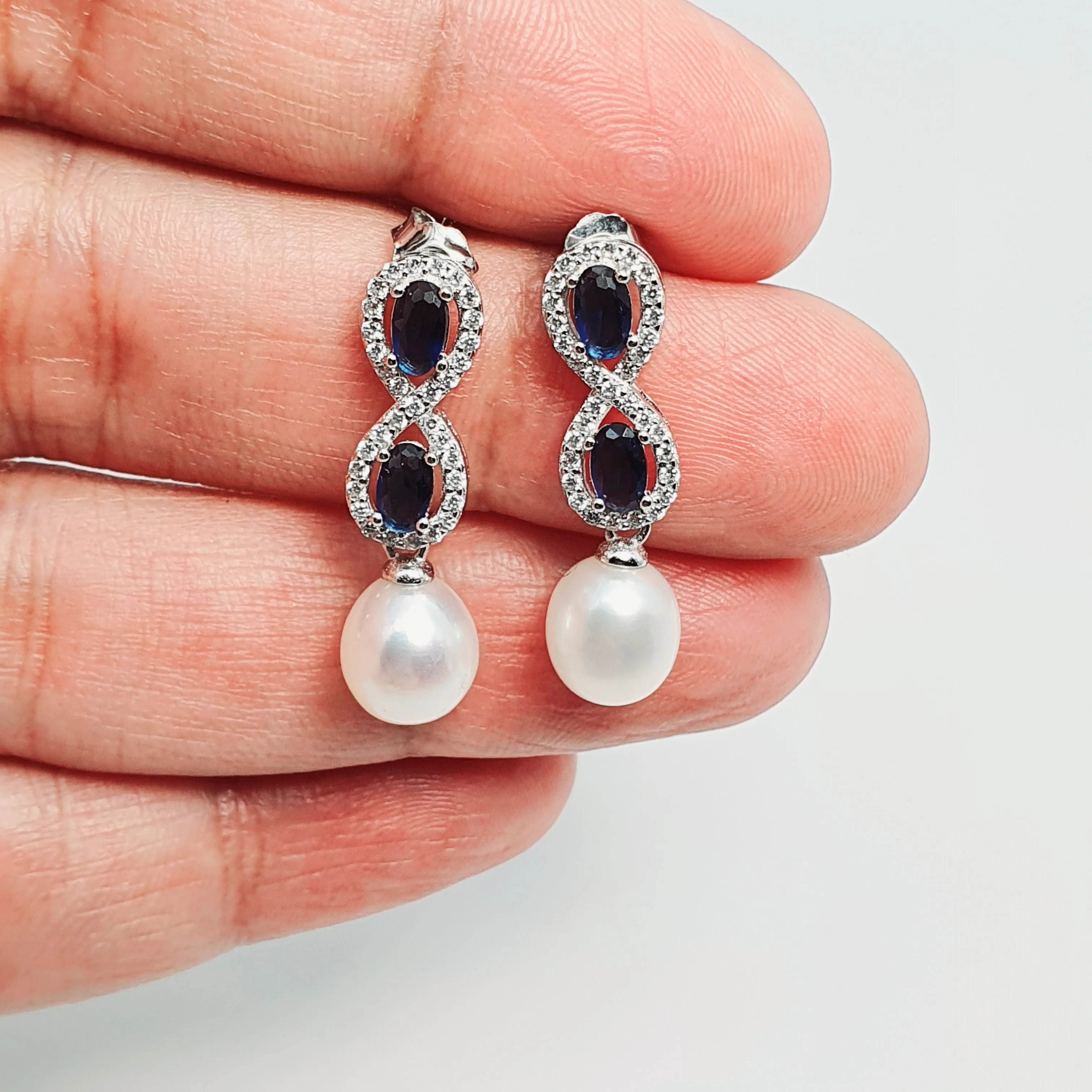 Blue Crystal Infinity & Freshwater Pearl Earrings, Sterling Silver