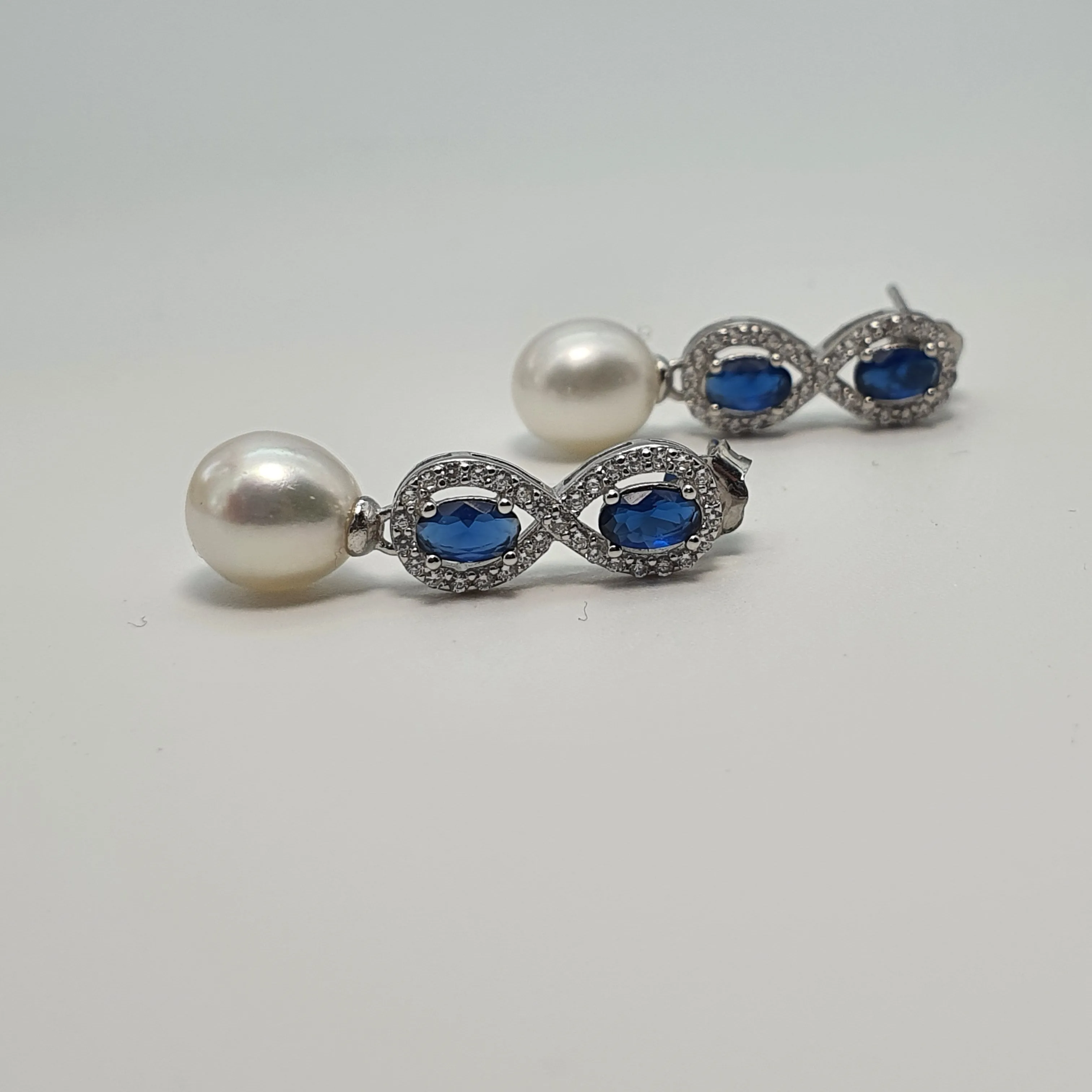 Blue Crystal Infinity & Freshwater Pearl Earrings, Sterling Silver