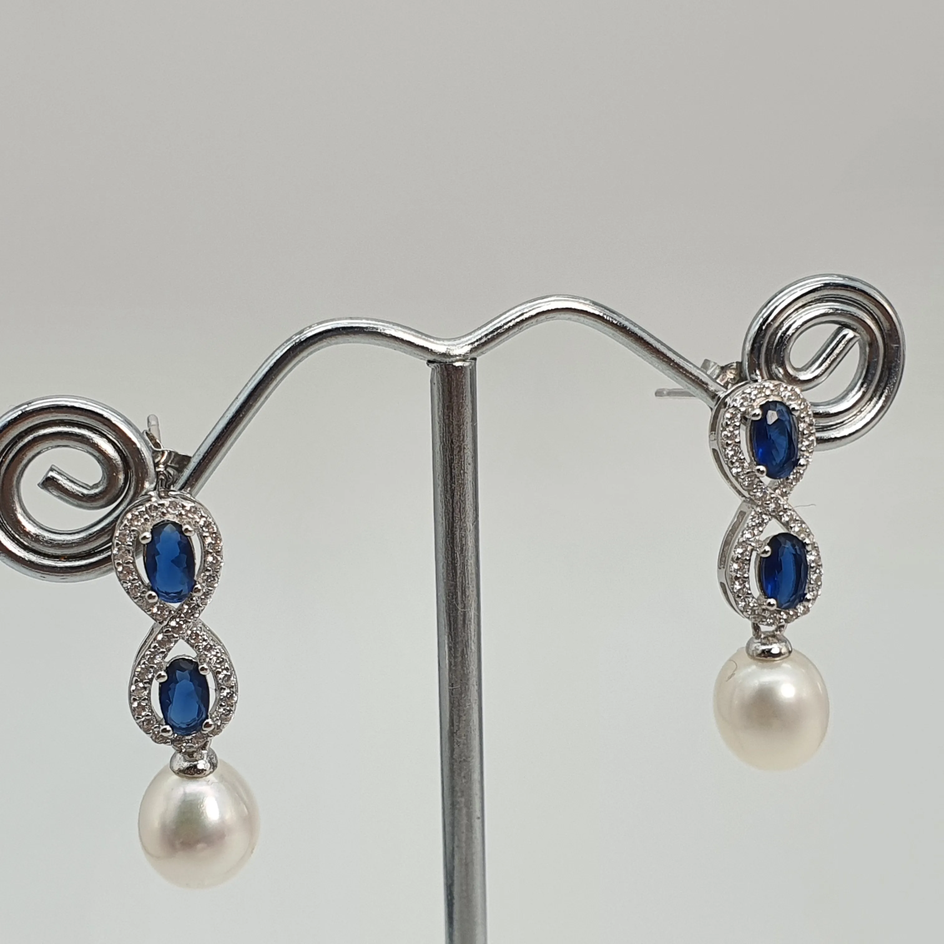 Blue Crystal Infinity & Freshwater Pearl Earrings, Sterling Silver