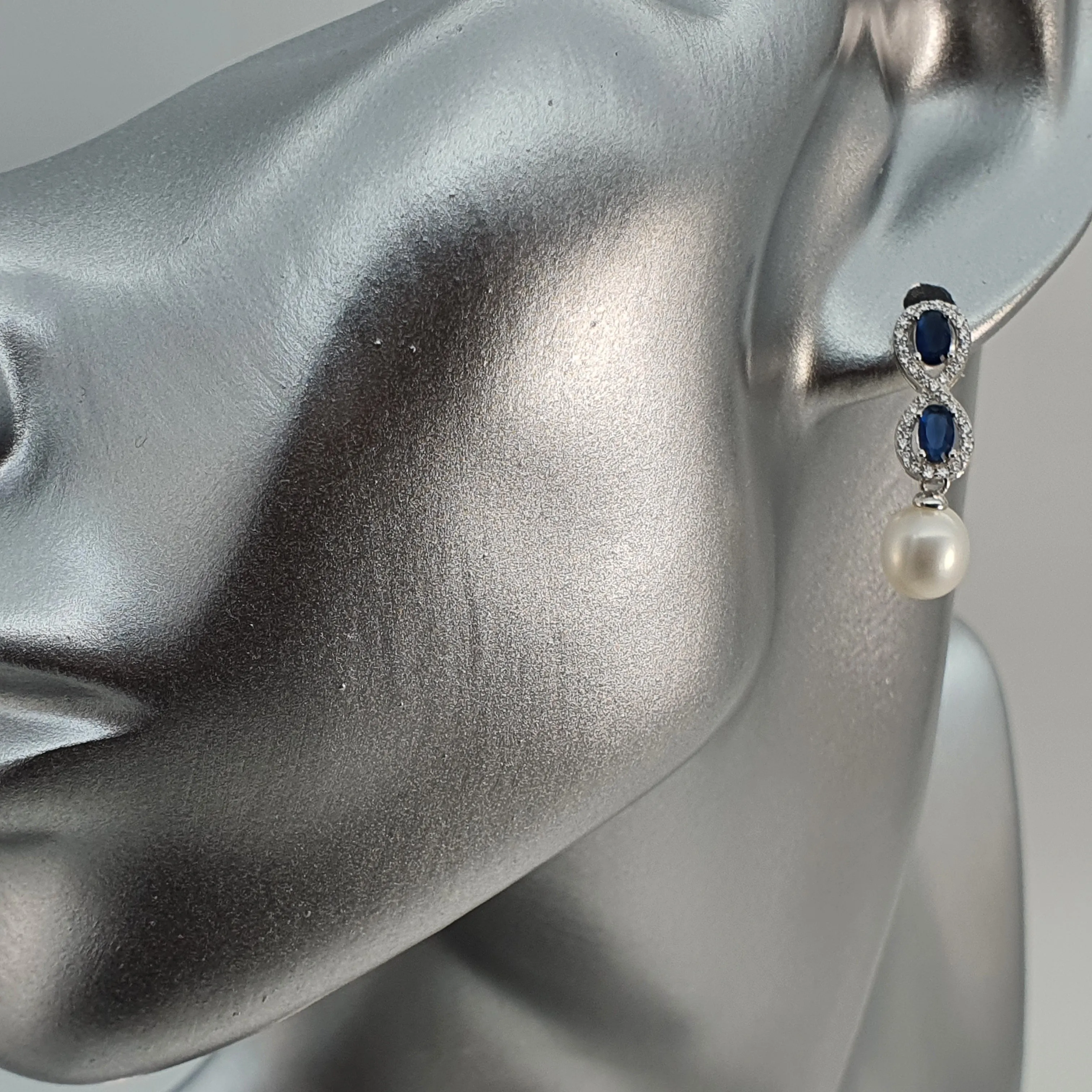 Blue Crystal Infinity & Freshwater Pearl Earrings, Sterling Silver